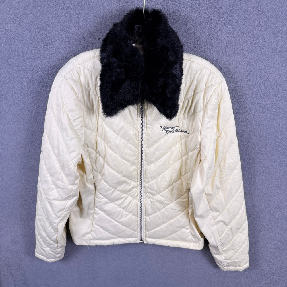 VTG Y2K Harley Davidson Puffer Jacket Womens L Rabbit Fur Trim Biker Quilted